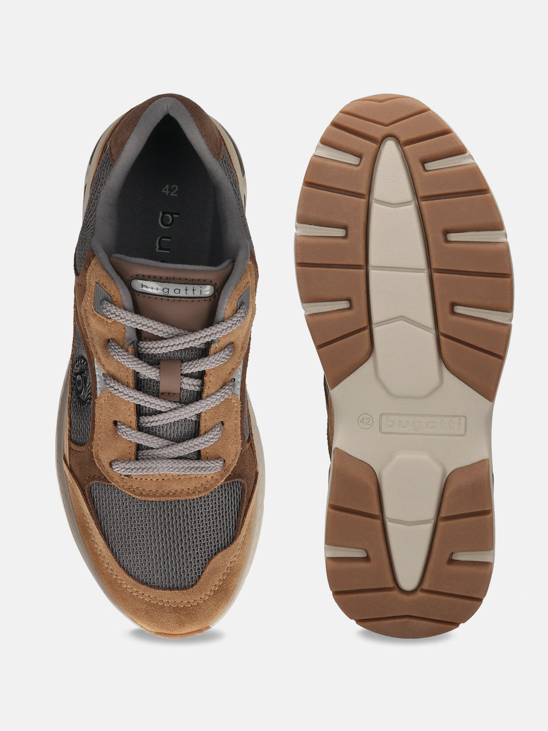 Bugatti Parry cognac premium leather athleisure sneakers, shown with brown suede and gray mesh panels, and a lugged rubber sole.
