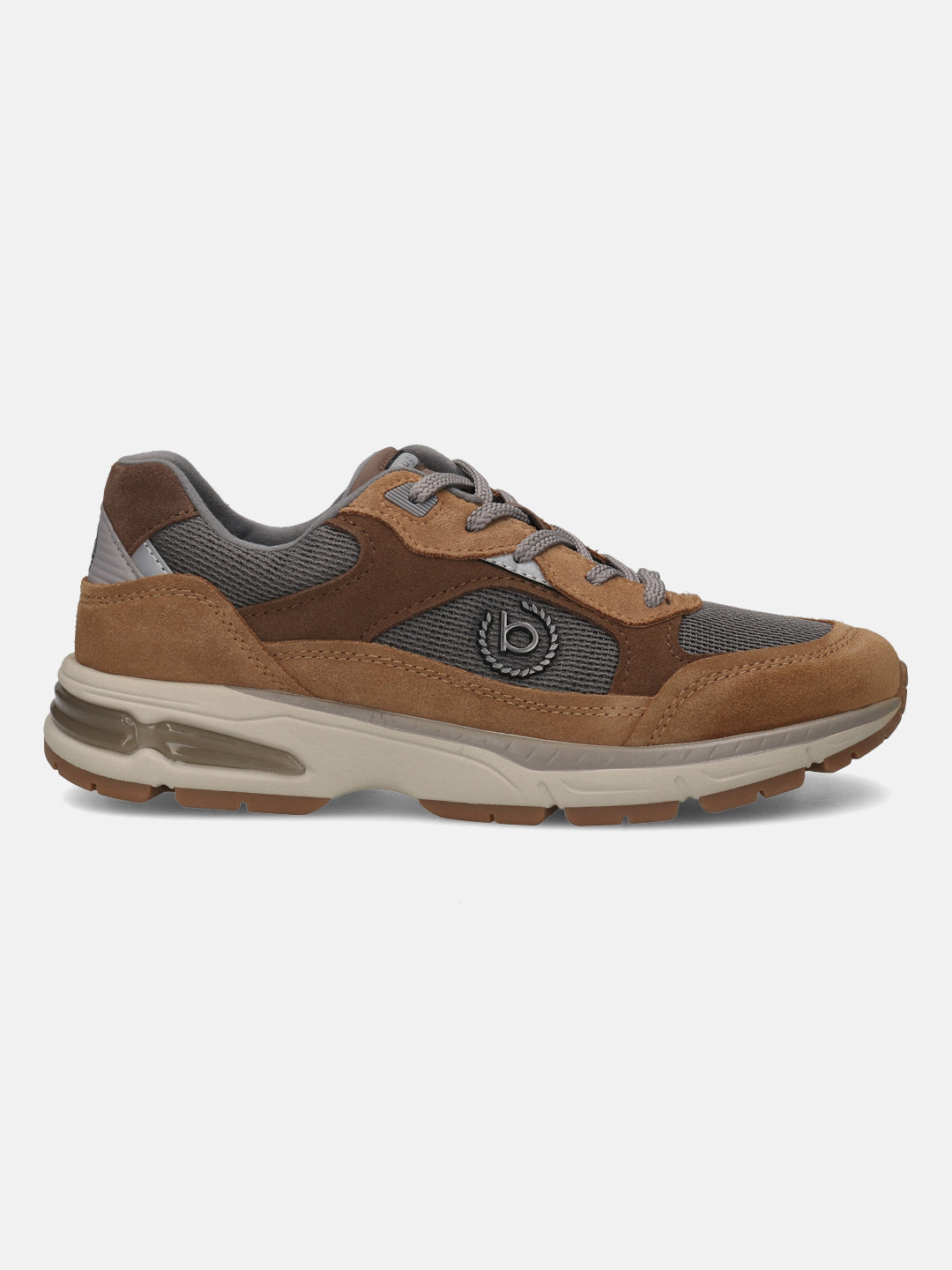 Side view of a bugatti Parry cognac leather sneaker featuring brown suede and gray mesh details.
