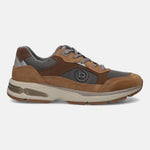 Side view of a bugatti Parry cognac leather sneaker featuring brown suede and gray mesh details.