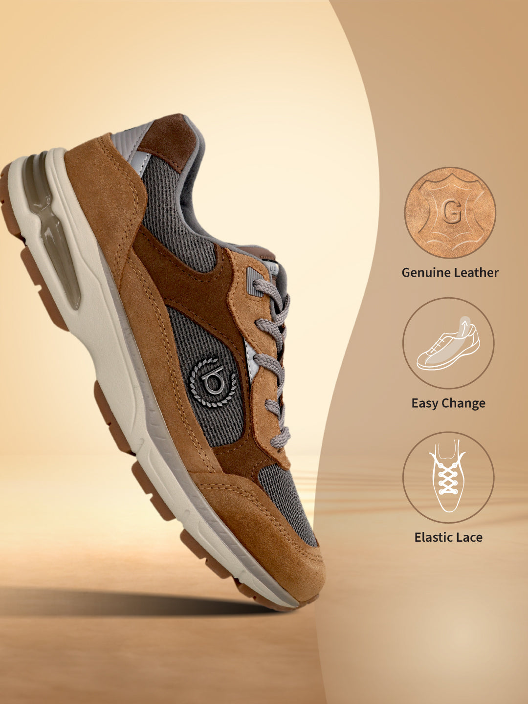 Cognac bugatti athleisure sneaker featuring premium leather and breathable gray fabric panel, with elastic laces.
