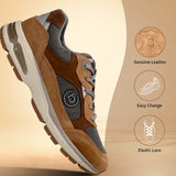 Cognac bugatti athleisure sneaker featuring premium leather and breathable gray fabric panel, with elastic laces.
