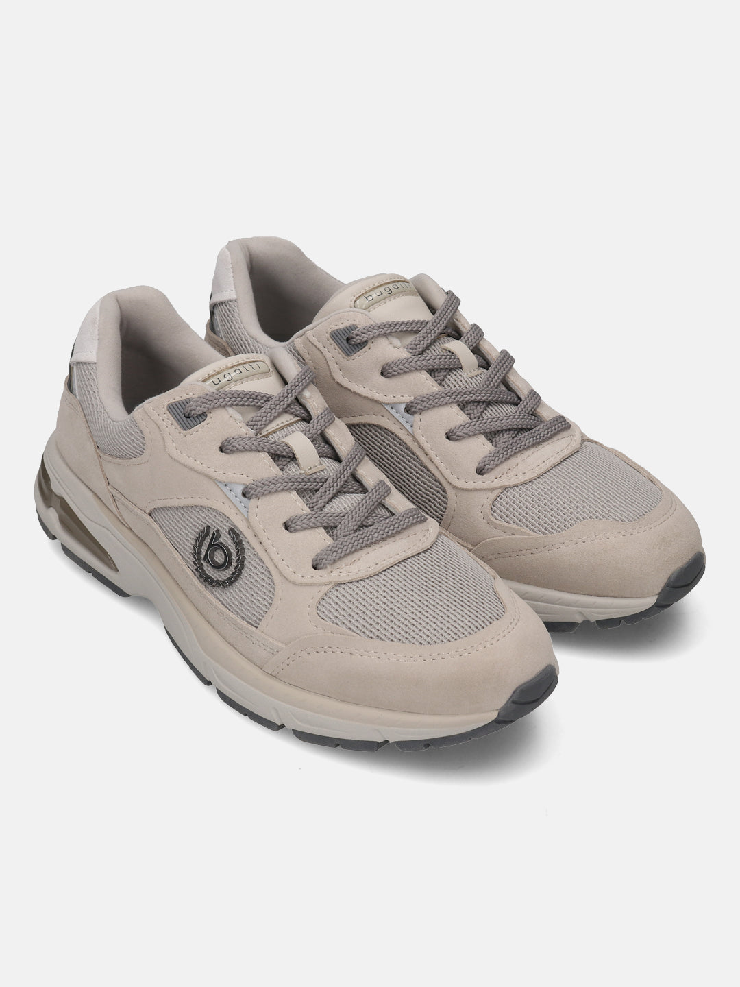 bugatti Parry beige premium leather athleisure sneakers with gray laces and mesh panels.