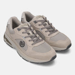 bugatti Parry beige premium leather athleisure sneakers with gray laces and mesh panels.