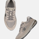 bugatti Parry beige athleisure sneakers in leather and mesh, with gray laces and a dark gray sole.