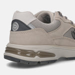 Cropped back view of a beige bugatti Parry premium leather sneaker with a gray sole and air cushion.