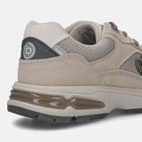 Cropped back view of a beige bugatti Parry premium leather sneaker with a gray sole and air cushion.