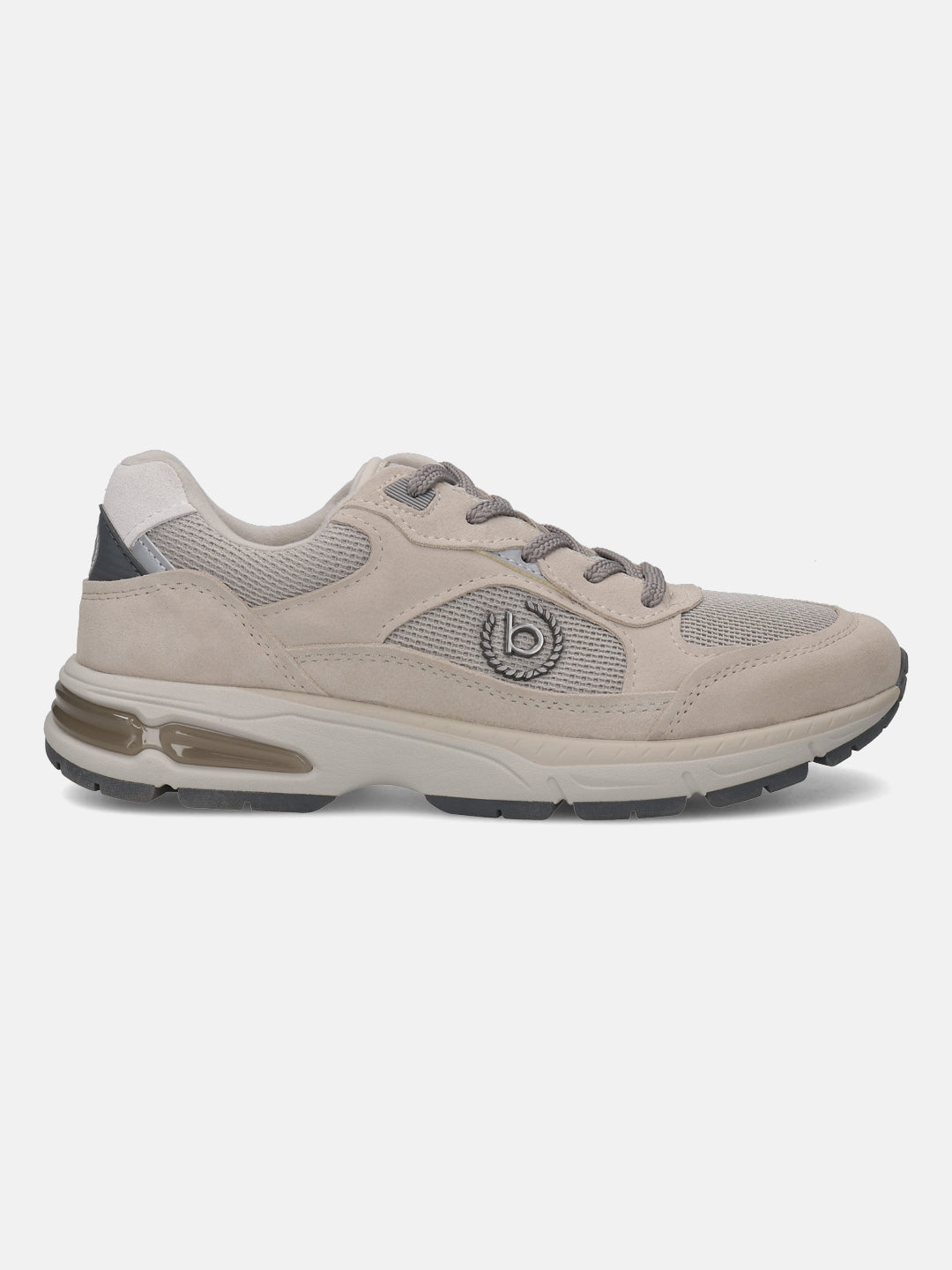 Side view of a beige bugatti sneaker crafted from leather, featuring a logo and gray laces.
