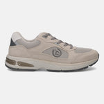 Side view of a beige bugatti sneaker crafted from leather, featuring a logo and gray laces.
