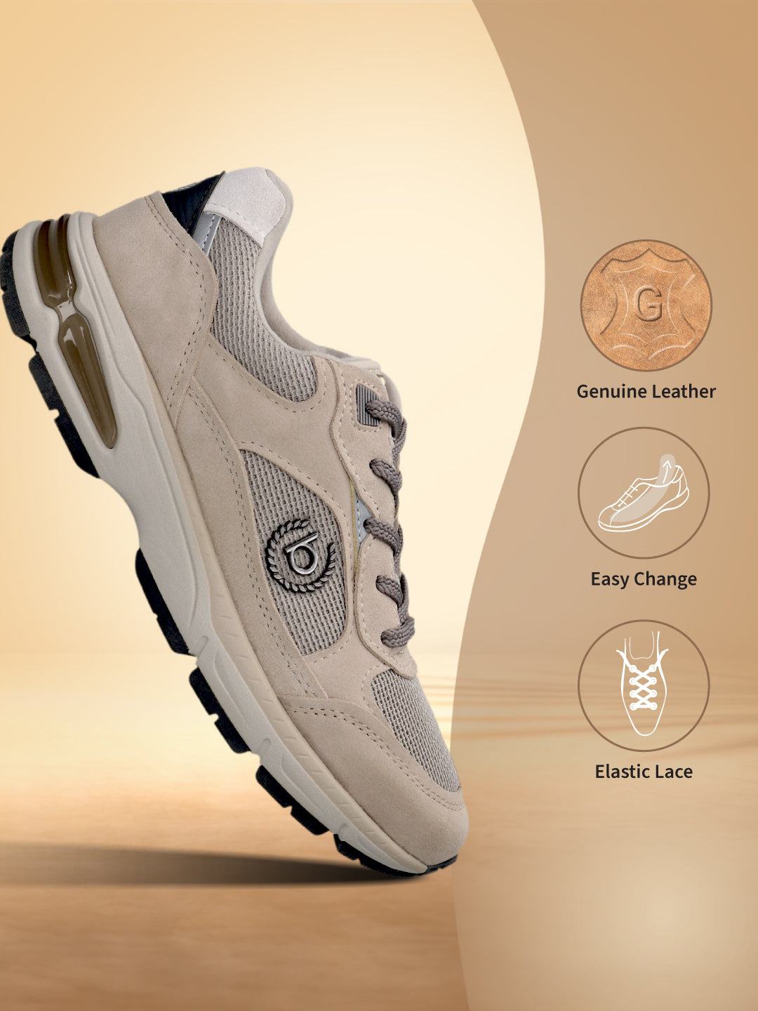Beige bugatti Parry athleisure sneaker in leather, with a mesh panel, gray laces, and a layered sole.
