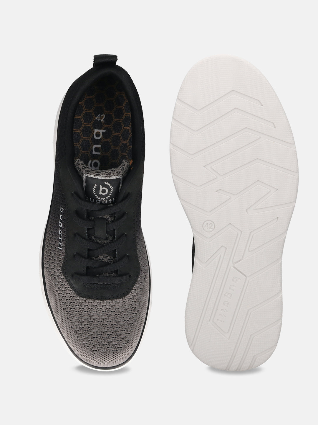 Bugatti Astra dark gray comfort athleisure sneakers, showing upper and sole, with black accents and lace-up closure.
