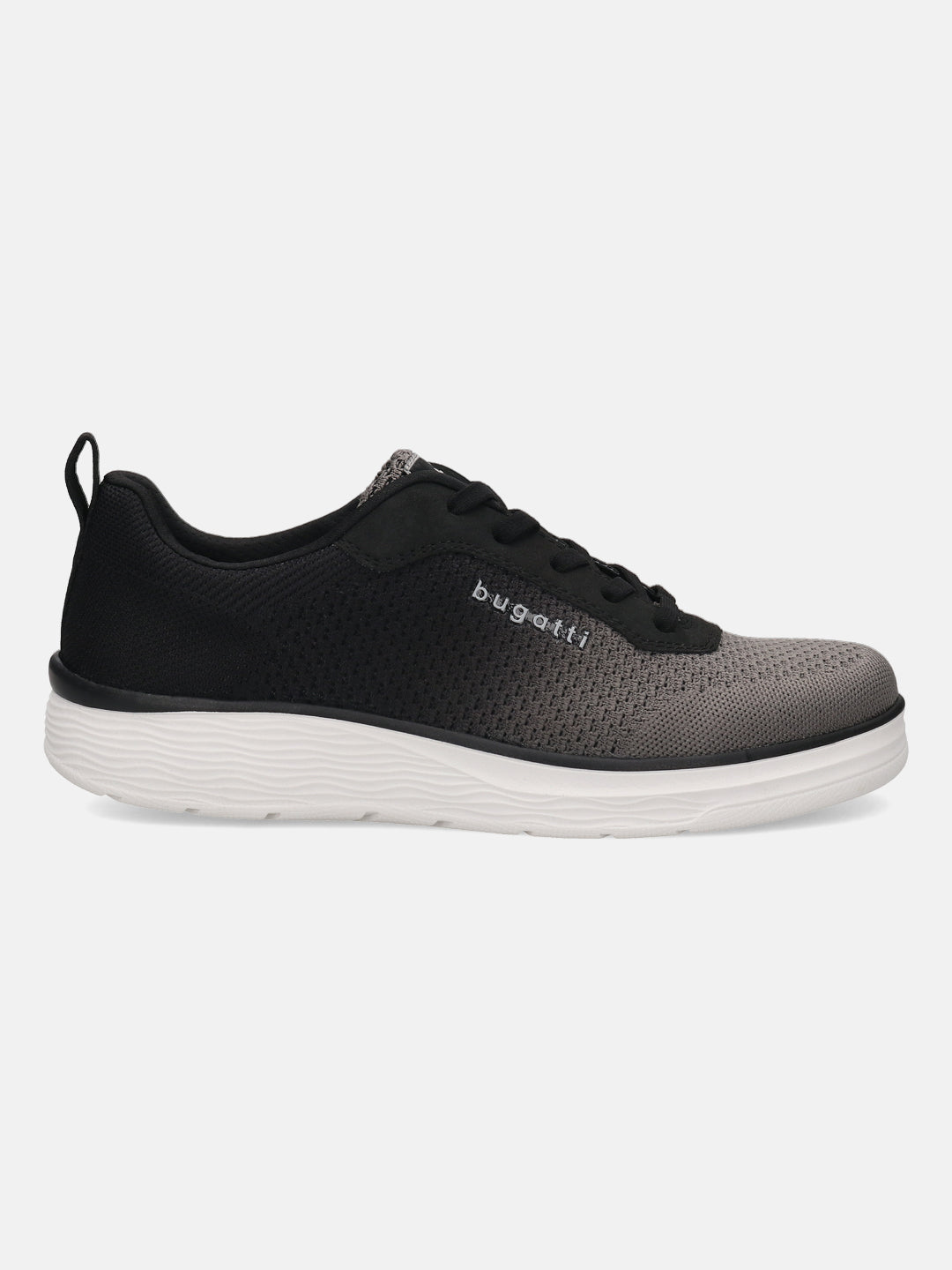 Side view of the bugatti Astra athleisure sneaker in a gradient from dark gray to light gray, with a white sole.