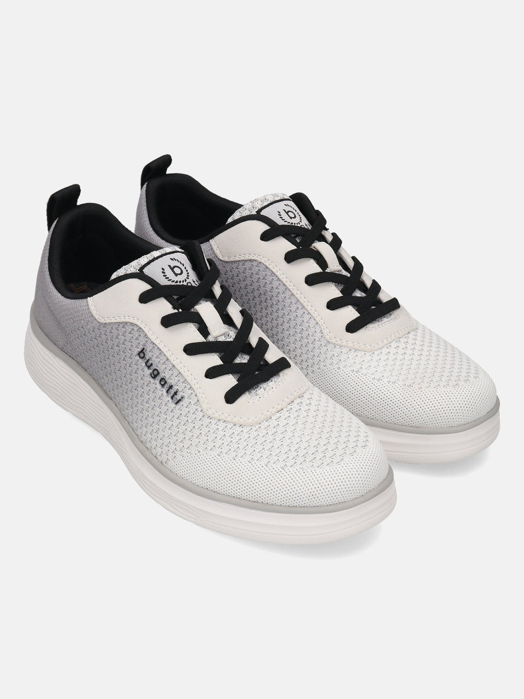 bugatti Astra white comfort athleisure sneakers with black laces and a white sole.

