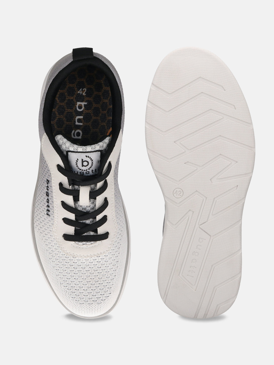 Bugatti Astra white athleisure sneakers shown with a honeycomb pattern insole and ridged white sole.
