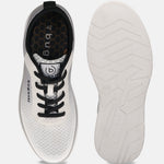 Bugatti Astra white athleisure sneakers shown with a honeycomb pattern insole and ridged white sole.
