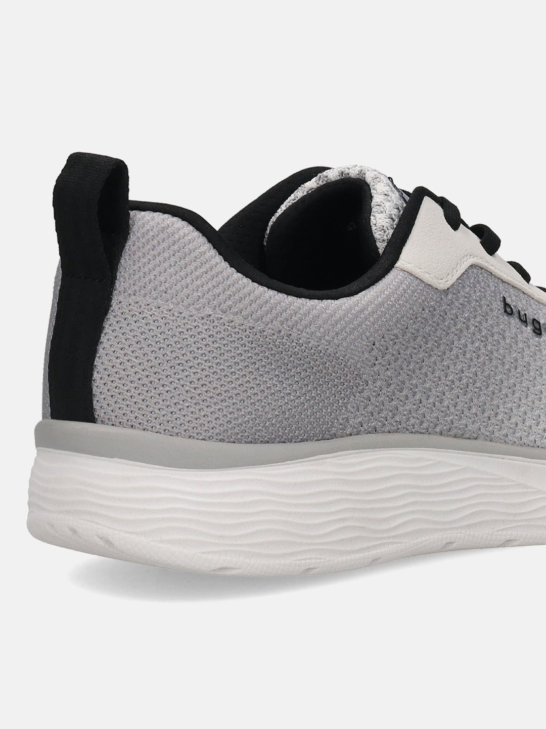 Cropped view of a bugatti Astra sneaker, white with gray mesh upper and black heel pull tab.
