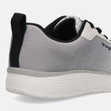 Cropped view of a bugatti Astra sneaker, white with gray mesh upper and black heel pull tab.
