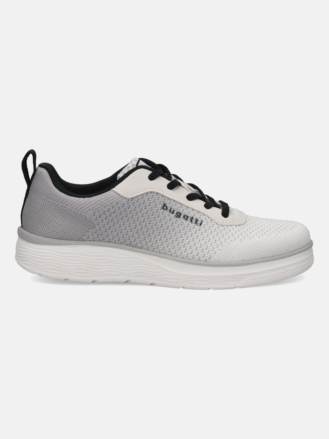 bugatti Astra athleisure sneaker in white, featuring black laces and heel pull tab, in a side view.