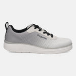 bugatti Astra athleisure sneaker in white, featuring black laces and heel pull tab, in a side view.