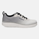 bugatti Astra athleisure sneaker in white, featuring black laces and heel pull tab, in a side view.