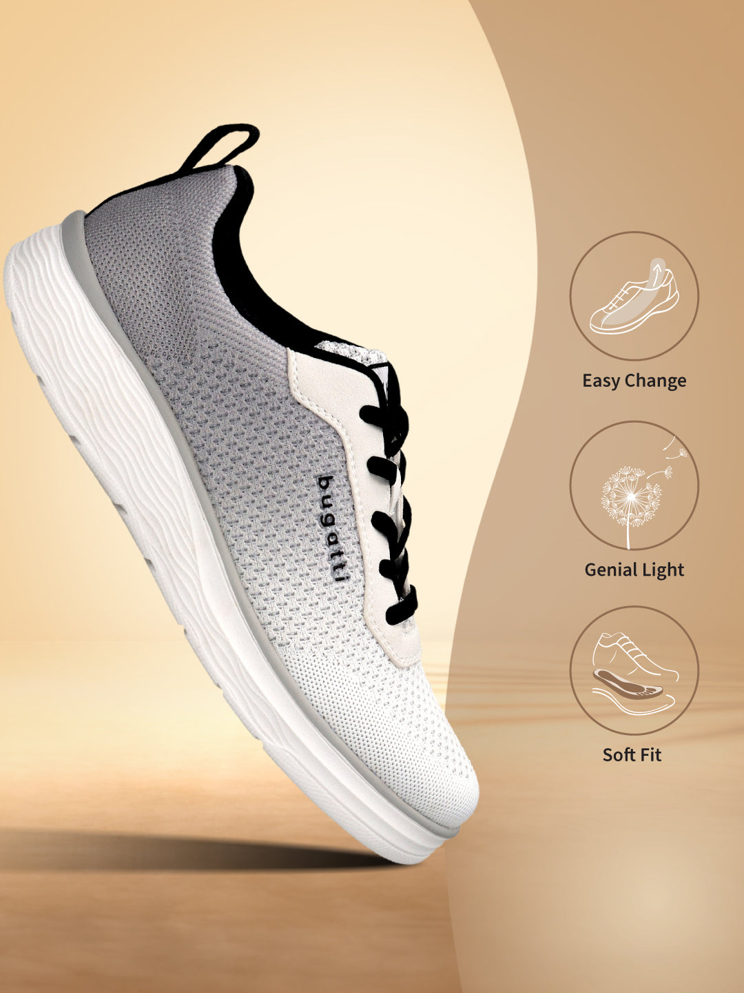 Side view of a bugatti Astra athleisure sneaker in white with a gray mesh upper and black laces.