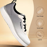 Side view of a bugatti Astra athleisure sneaker in white with a gray mesh upper and black laces.