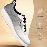 Side view of a bugatti Astra athleisure sneaker in white with a gray mesh upper and black laces.