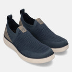 bugatti Astra comfort slip-on shoe in blue knit, with beige soles and back pull tab detail.
