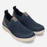 bugatti Astra comfort slip-on shoe in blue knit, with beige soles and back pull tab detail.
