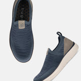 Bugatti Astra blue slip-on casual shoes, featuring a textured knit upper, elasticized opening, and a beige rubber sole.