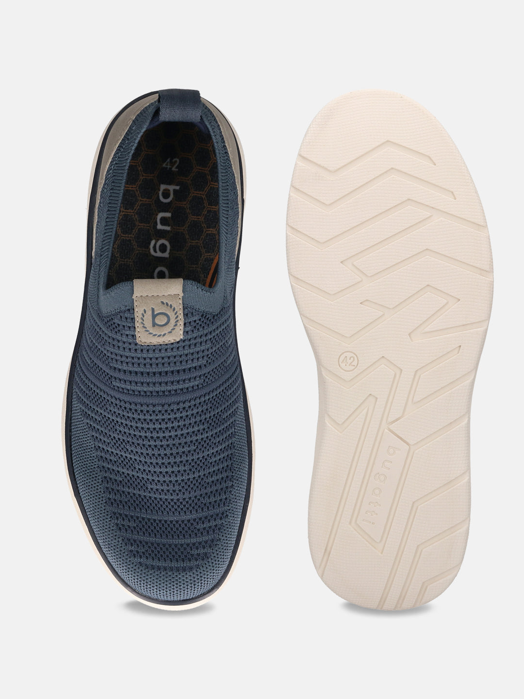 bugatti Astra blue slip-on casual shoes, textured knit upper, and contrasting white sole.