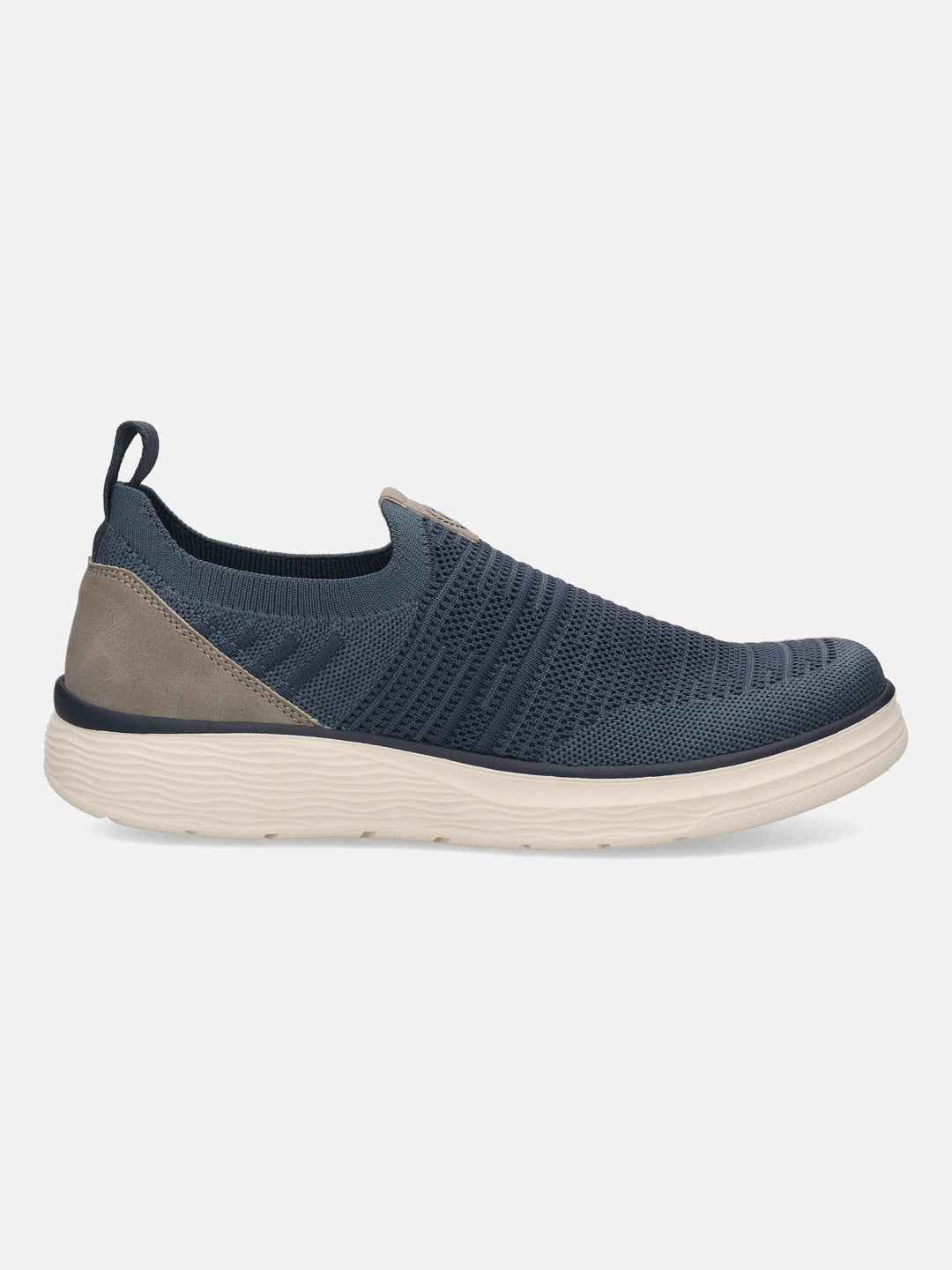 Bugatti Astra blue comfort slip-on casual shoe, visible in a side view. It has a knit texture and light-colored sole.