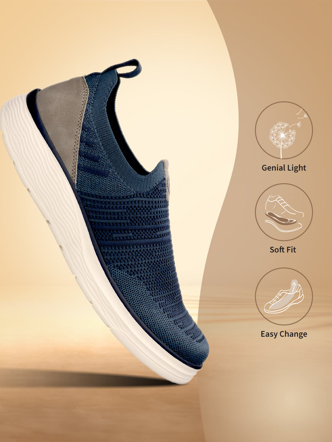 bugatti Astra blue Comfort Slip-Ons Casual shoe, showing knit texture, gray heel, and white sole.
