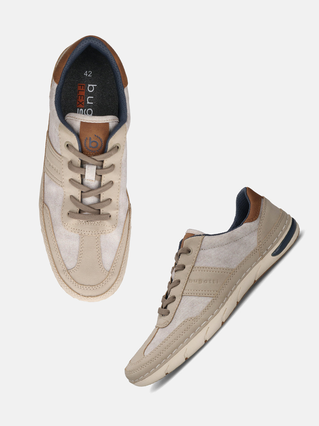 bugatti Glenans sand Comfort Sneakers, shown in a top view and a side view, with brown accents.