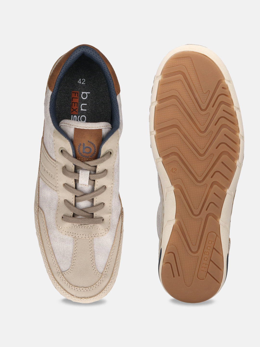 bugatti Glenans sand Comfort Sneakers, shown from above with beige canvas and leather-look trim, and patterned brown soles.
