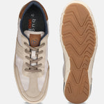 bugatti Glenans sand Comfort Sneakers, shown from above with beige canvas and leather-look trim, and patterned brown soles.
