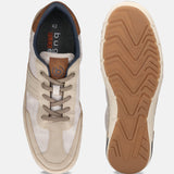 bugatti Glenans sand Comfort Sneakers, shown from above with beige canvas and leather-look trim, and patterned brown soles.