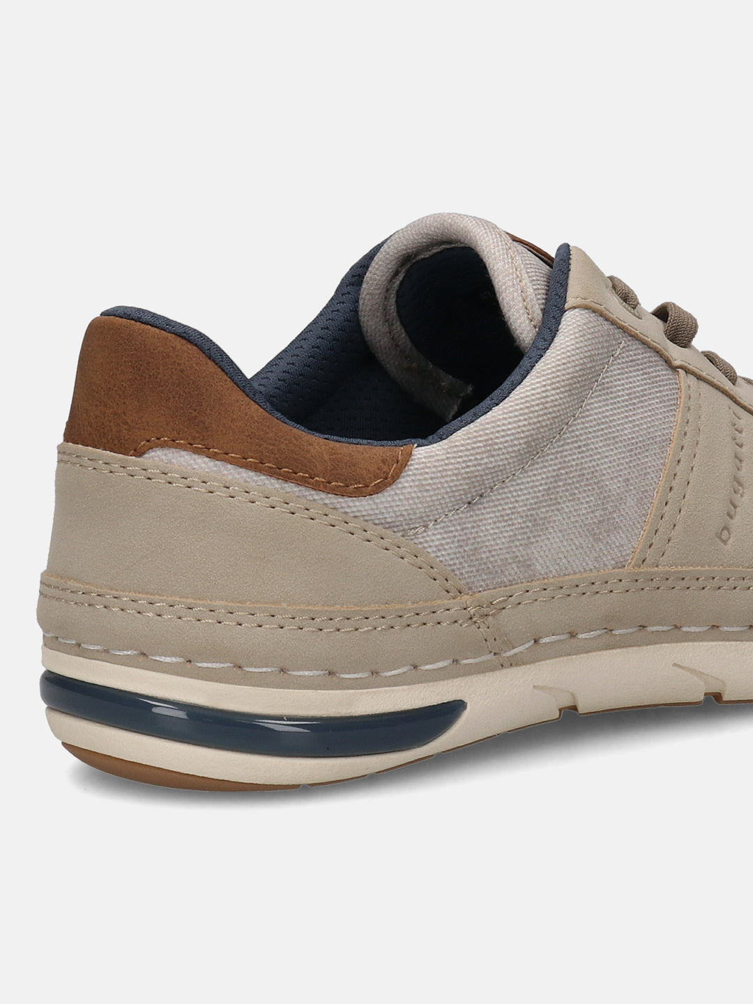 Back view of a bugatti Glenans sand comfort sneaker with beige and brown panels and dark blue accents.