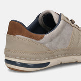 Back view of a bugatti Glenans sand comfort sneaker with beige and brown panels and dark blue accents.