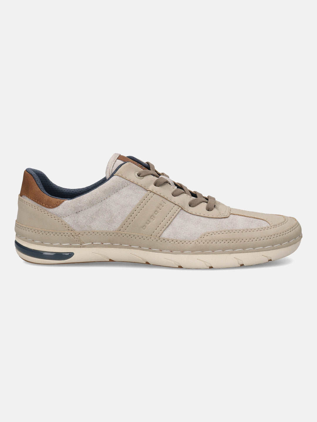 Side view of a bugatti Glenans sand Comfort Sneaker, featuring a tan textile and leather upper with a light beige sole.