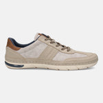 Side view of a bugatti Glenans sand Comfort Sneaker, featuring a tan textile and leather upper with a light beige sole.