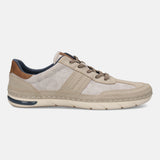 Side view of a bugatti Glenans sand Comfort Sneaker, featuring a tan textile and leather upper with a light beige sole.