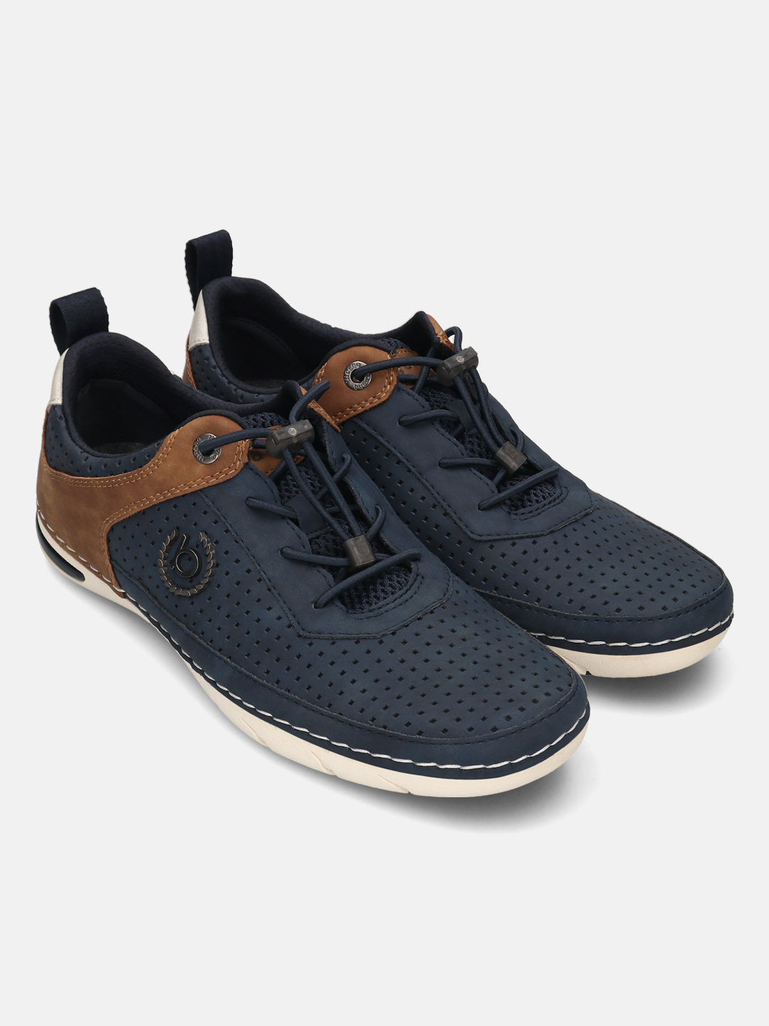 Bugatti Glenans comfort sneakers in dark blue perforated leather with brown accents and pull tabs.