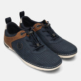 Bugatti Glenans comfort sneakers in dark blue perforated leather with brown accents and pull tabs.