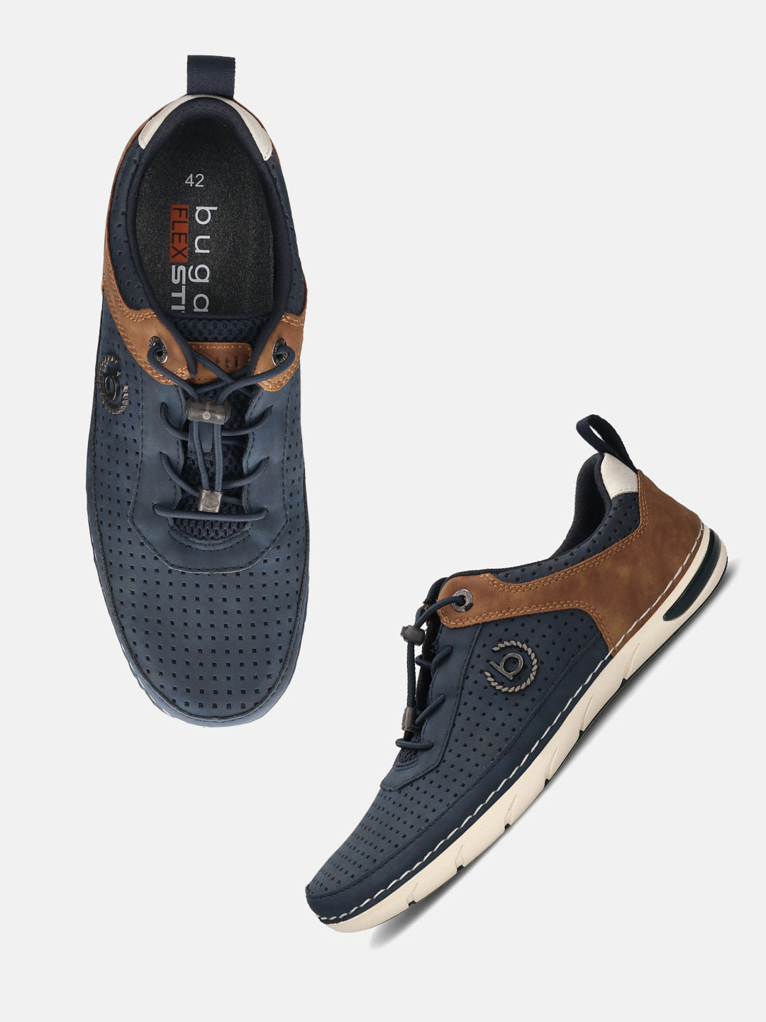 Bugatti Glenans comfort sneakers in dark blue perforated leather with brown accents and quick laces.