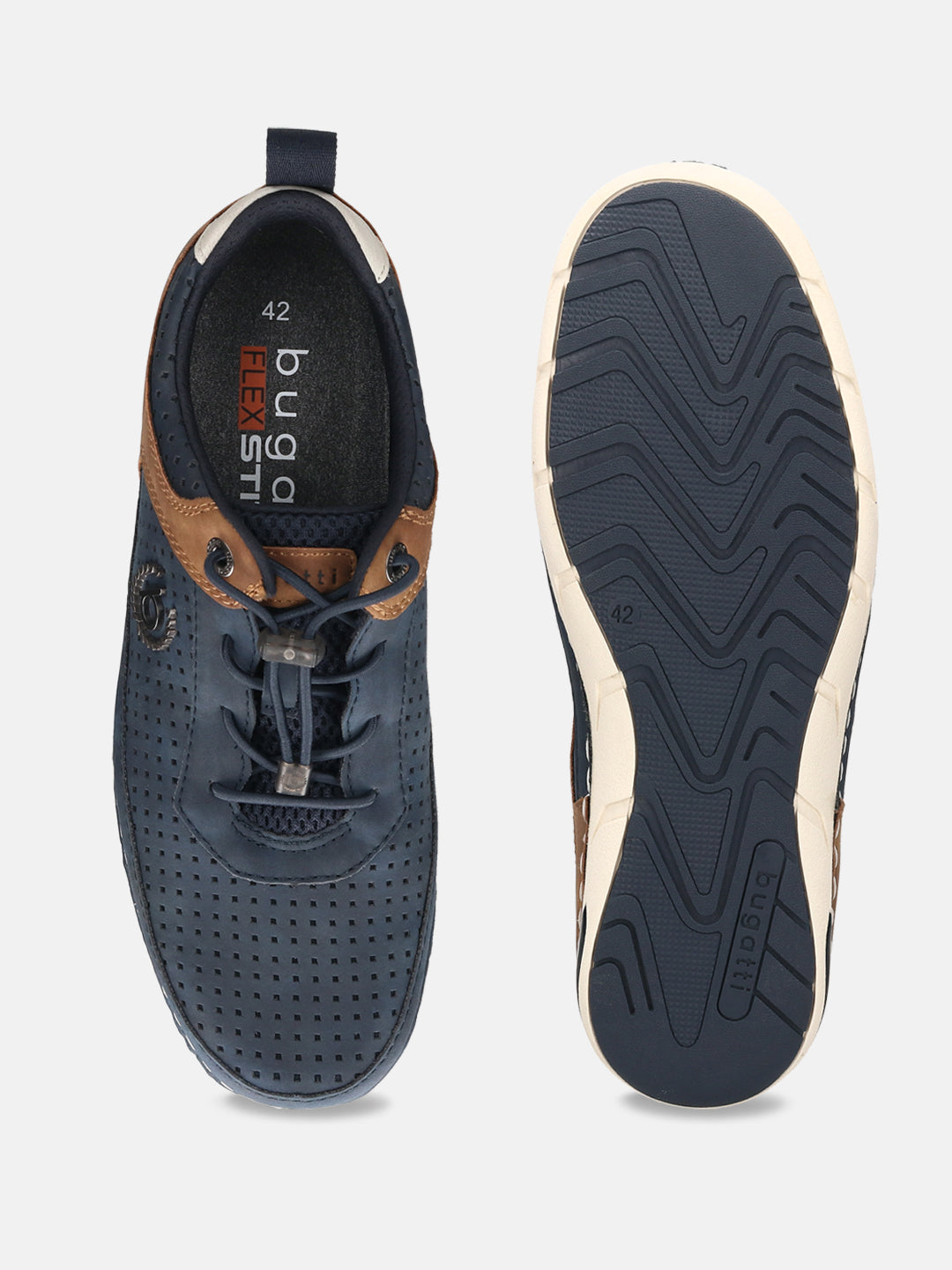 Bugatti Glenans dark blue comfort sneakers, shown with perforated leather upper, brown accents, and flexible sole.