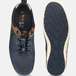Bugatti Glenans dark blue comfort sneakers, shown with perforated leather upper, brown accents, and flexible sole.