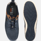 Bugatti Glenans dark blue comfort sneakers, shown with perforated leather upper, brown accents, and flexible sole.