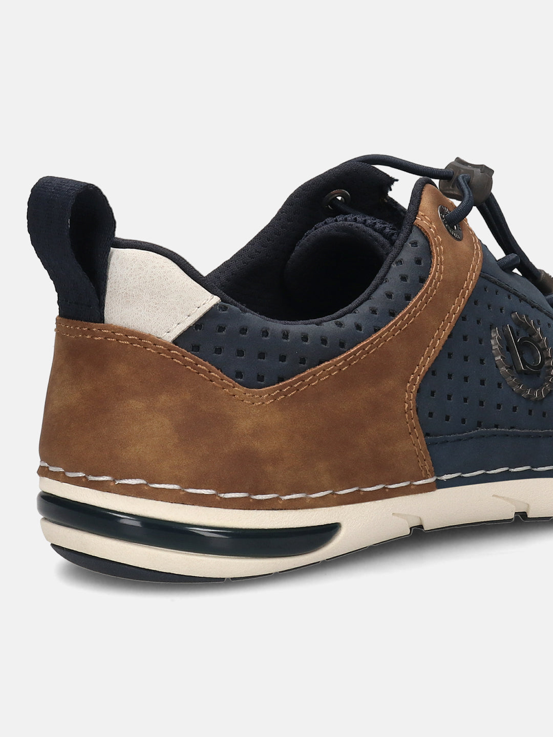 Back view of a bugatti Glenans dark blue comfort sneaker with brown and white accents.