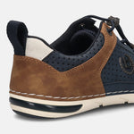 Back view of a bugatti Glenans dark blue comfort sneaker with brown and white accents.