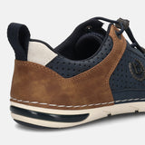 Back view of a bugatti Glenans dark blue comfort sneaker with brown and white accents.